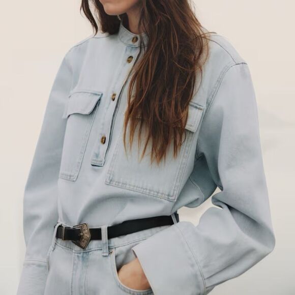 H&M LOOSE-FIT DENIM SHIRT PALE DENIM BLUE - Picture 1 of 4